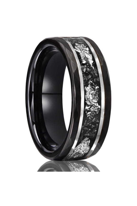 Tungsten Steel Men's 8mm Wide Black Hammer Pattern Tungsten Steel Ring Inlaid with Imitation Meteorite Silver Foil Ring