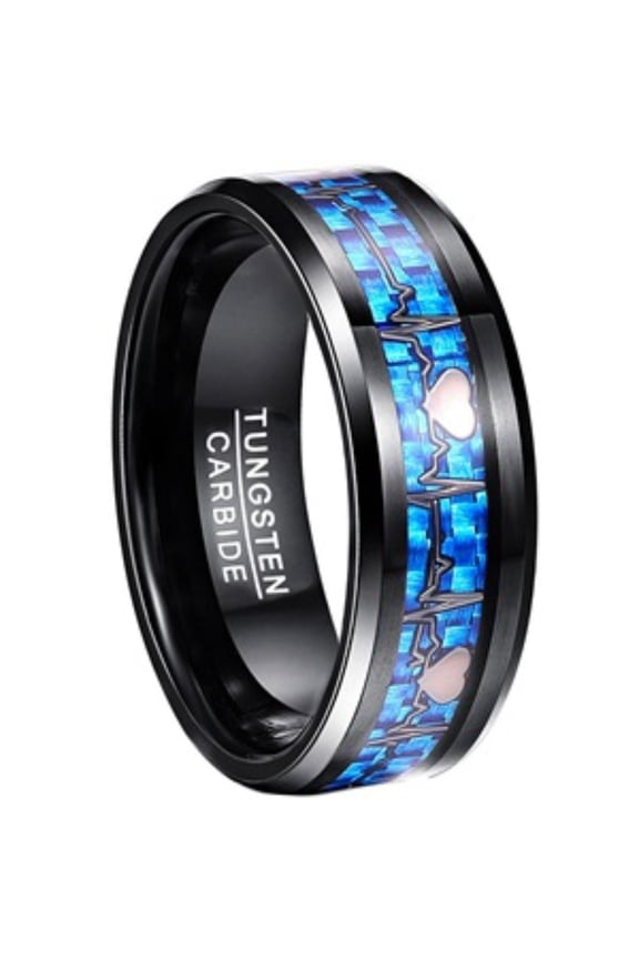 Tungsten Steel Ring 8mm Wide ECG Pattern Inlaid Blue Fiber Men's Tungsten Steel Ring