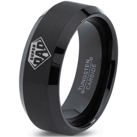 Tungsten Superhero Super Dad Emblem Symbol Band Ring 8mm Men Women Comfort Fit Black Beveled Edge Brushed Polished