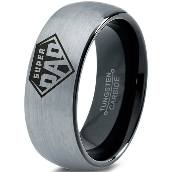 Tungsten Superhero Super Dad Emblem Symbol Band Ring 8mm Men Women Comfort Fit Black Dome Brushed Gray Polished