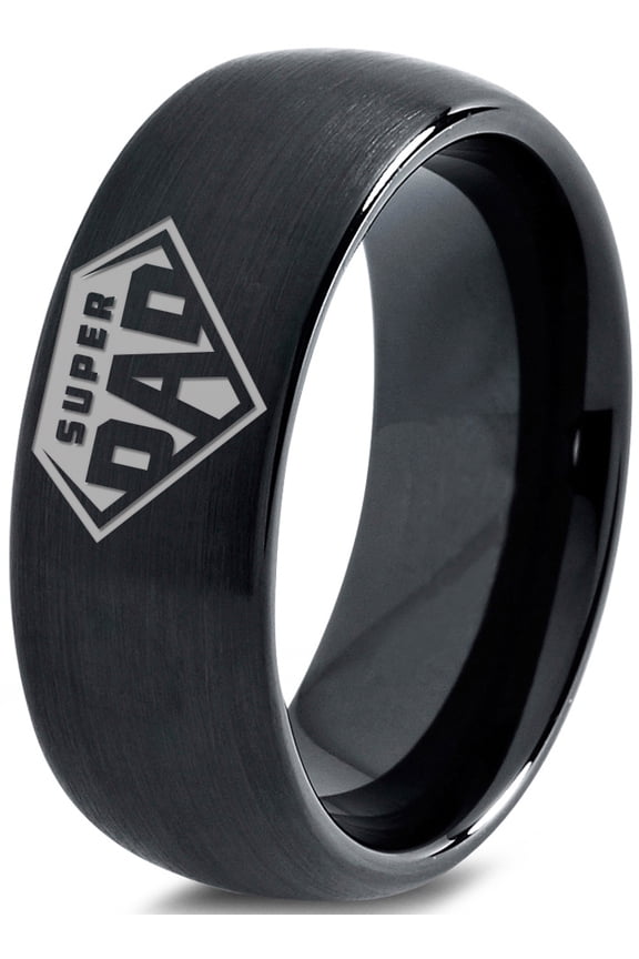 Tungsten Superhero Super Dad Emblem Symbol Band Ring 8mm Men Women Comfort Fit Black Dome Brushed Polished