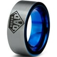 thumbnail image 1 of Tungsten Superhero Super Dad Emblem Symbol Band Ring 8mm Men Women Comfort Fit Blue Flat Cut Brushed Gray Polished, 1 of 4