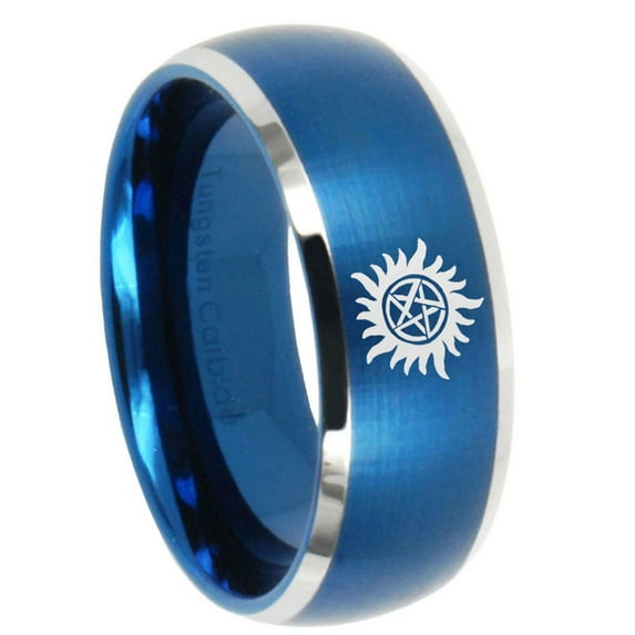 Tungsten Supernatural 8mm Brushed Blue Two Tone Dome Polished Edges Men Ring