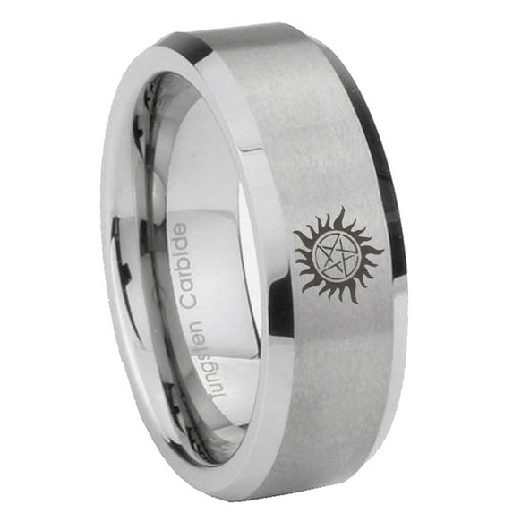 Tungsten Supernatural 8mm Glossy Brushed Gray Beveled Edges Men Ring