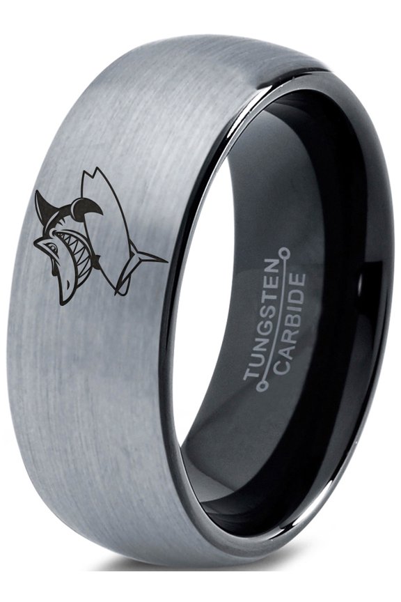 Tungsten Surfing Shark Fish Grinning Band Ring 8mm Men Women Comfort Fit Black Dome Brushed Gray Polished