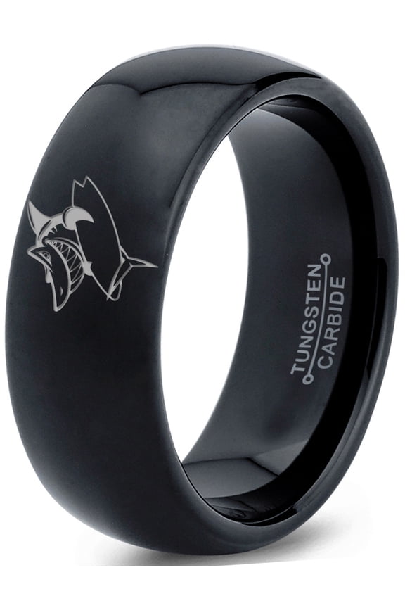 Tungsten Surfing Shark Fish Grinning Band Ring 8mm Men Women Comfort Fit Black Dome Polished