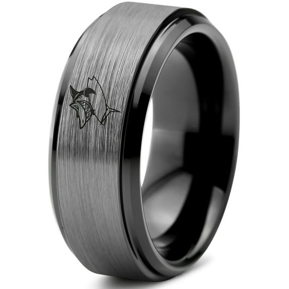 Tungsten Surfing Shark Fish Grinning Band Ring 8mm Men Women Comfort Fit Black Step Bevel Edge Brushed Gray Polished