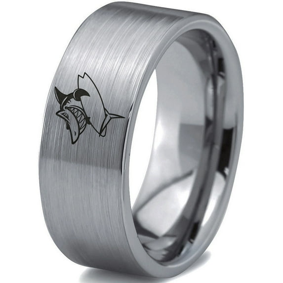Tungsten Surfing Shark Fish Grinning Band Ring 8mm Men Women Comfort Fit Gray Flat Cut Brushed Polished