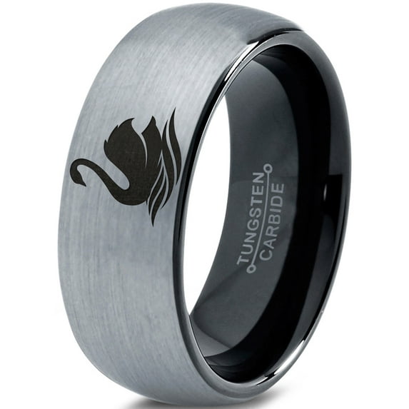 Tungsten Swan Bird Anatidae Cygnus Swimming Band Ring 8mm Men Women Comfort Fit Black Dome Brushed Gray Polished