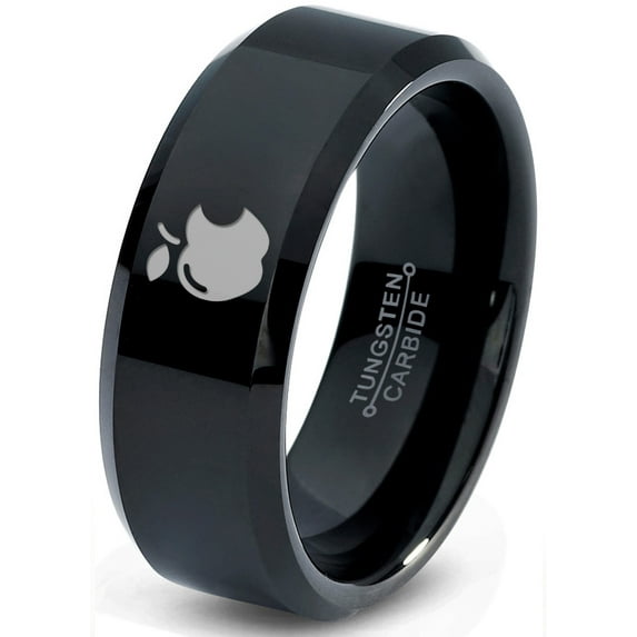 Tungsten Sweet Apple Bitten Band Ring 8mm Men Women Comfort Fit Black Beveled Edge Polished