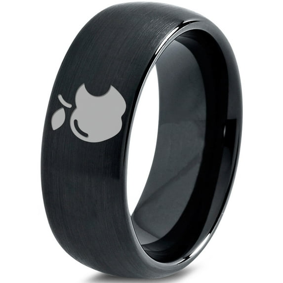 Tungsten Sweet Apple Bitten Band Ring 8mm Men Women Comfort Fit Black Dome Brushed Polished