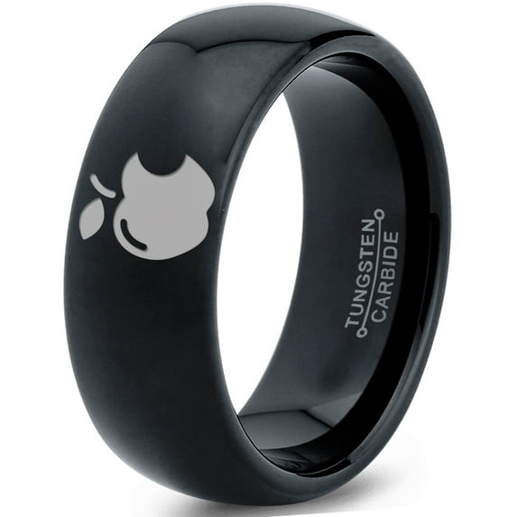 Tungsten Sweet Apple Bitten Band Ring 8mm Men Women Comfort Fit Black Dome Polished