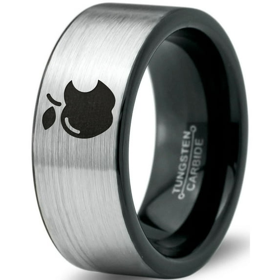 Tungsten Sweet Apple Bitten Band Ring 8mm Men Women Comfort Fit Brushed Gray Flat Cut Black Polished