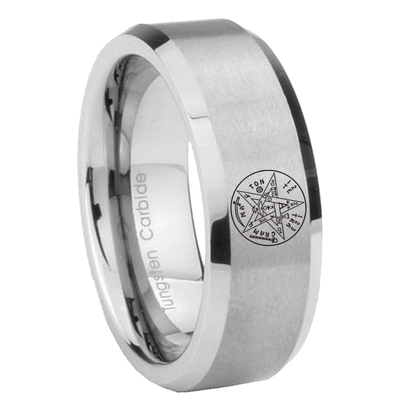 Tungsten Tetragrammaton Spiritual Kabbalah 8mm Glossy Brushed Gray Beveled Edges Men Ring