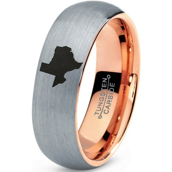 Tungsten Texas The Lone Star State Band Ring 7mm Men Women Comfort Fit 18k Rose Gold Dome Brushed Gray Polished