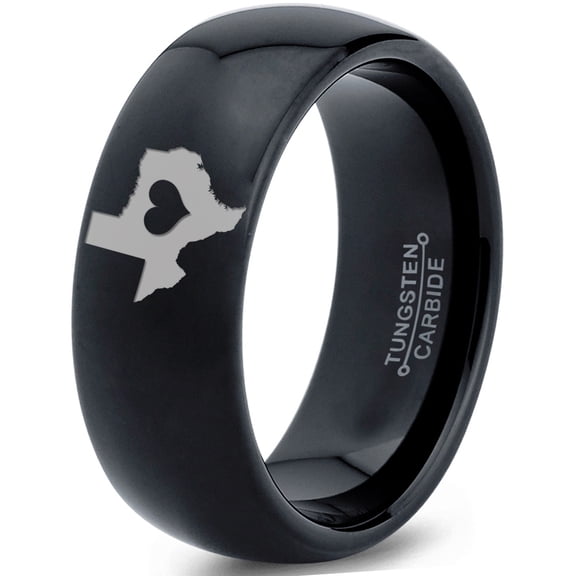 Tungsten Texas The Lone Star State Heart Band Ring 8mm Men Women Comfort Fit Black Dome Polished