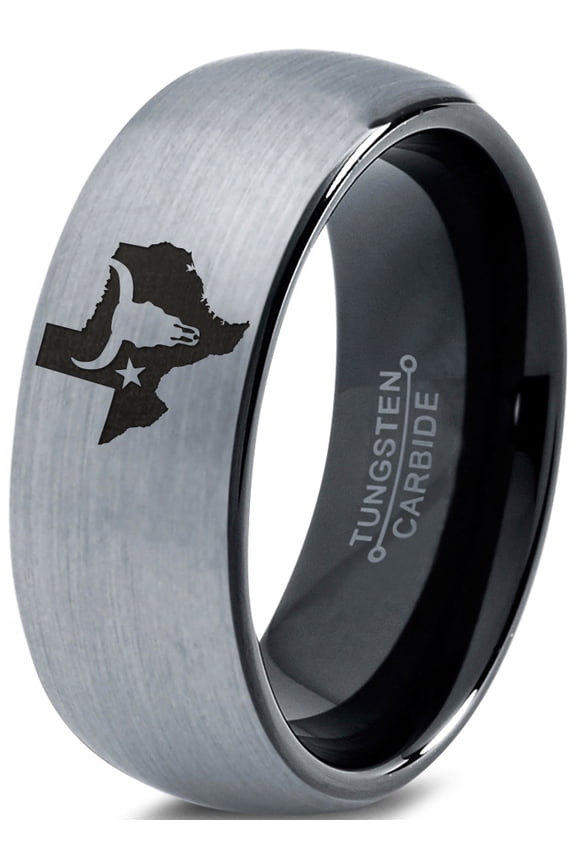 Tungsten Texas The Lone Star State Longhorn Band Ring 8mm Men Women Comfort Fit Black Dome Brushed Gray Polished
