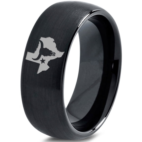 Tungsten Texas The Lone Star State Longhorn Band Ring 8mm Men Women Comfort Fit Black Dome Brushed Polished