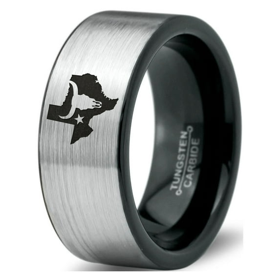 Tungsten Texas The Lone Star State Longhorn Band Ring 8mm Men Women Comfort Fit Brushed Gray Flat Cut Black Polished