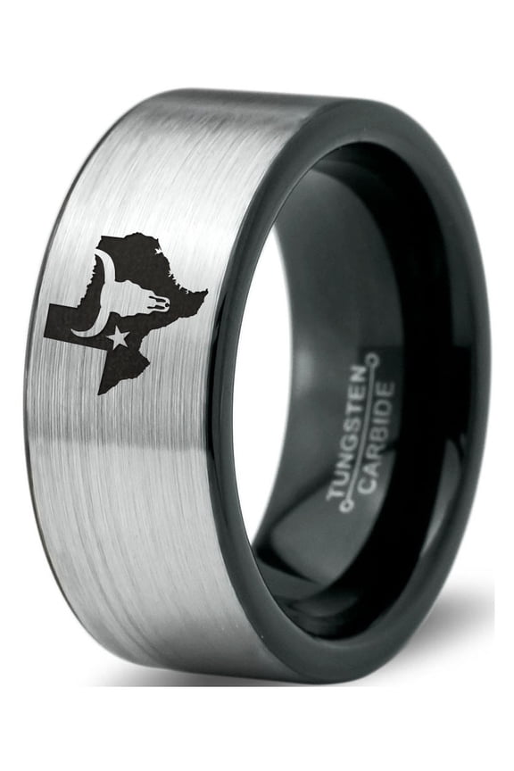 Tungsten Texas The Lone Star State Longhorn Band Ring 8mm Men Women Comfort Fit Brushed Gray Flat Cut Black Polished