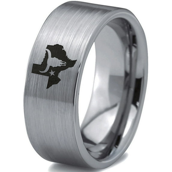 Tungsten Texas The Lone Star State Longhorn Band Ring 8mm Men Women Comfort Fit Gray Flat Cut Brushed Polished