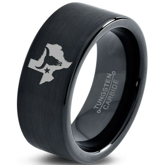 Tungsten Texas The Lone Star State Longhorn Band Ring 9mm Men Women Comfort Fit Black Flat Cut Brushed Polished