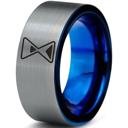Tungsten Time Capsule Sand Hourglass Hour Glass Band Ring 8mm Men Women Comfort Fit Blue Flat Cut Brushed Gray Polished
