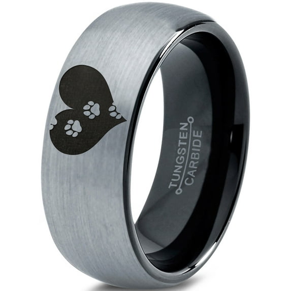 Tungsten Trail Paw Prints Heart Shaped Band Ring 8mm Men Women Comfort Fit Black Dome Brushed Gray Polished