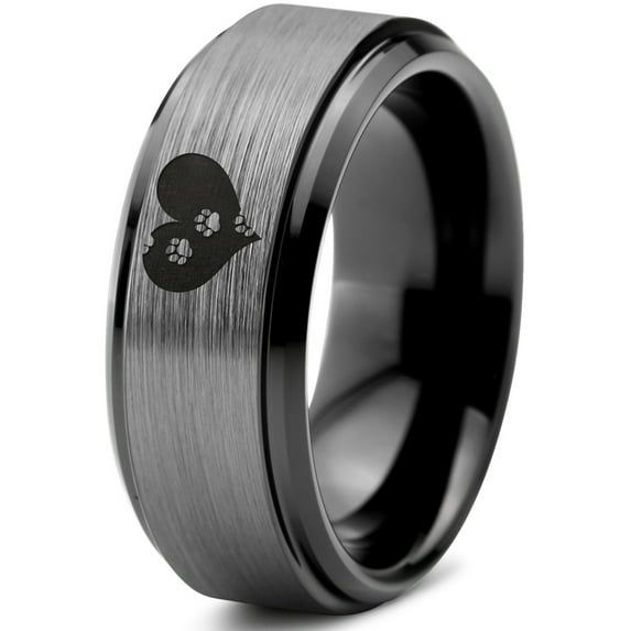 Tungsten Trail Paw Prints Heart Shaped Band Ring 8mm Men Women Comfort Fit Black Step Bevel Edge Brushed Gray Polished