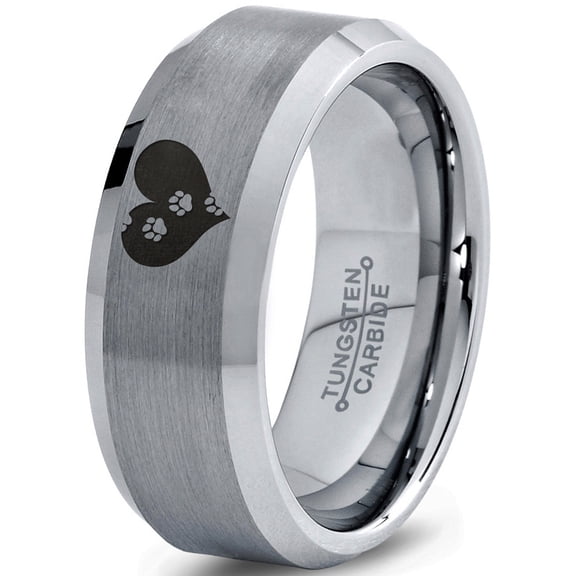 Tungsten Trail Paw Prints Heart Shaped Band Ring 8mm Men Women Comfort Fit Gray Step Bevel Edge Brushed Polished