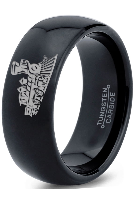 Tungsten Train Trains Transportation Cargo Rail Band Ring 8mm Men Women Comfort Fit Black Dome Polished