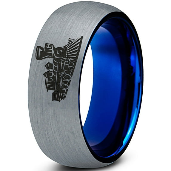 Tungsten Train Trains Transportation Cargo Rail Band Ring 8mm Men Women Comfort Fit Blue Dome Brushed Gray Polished
