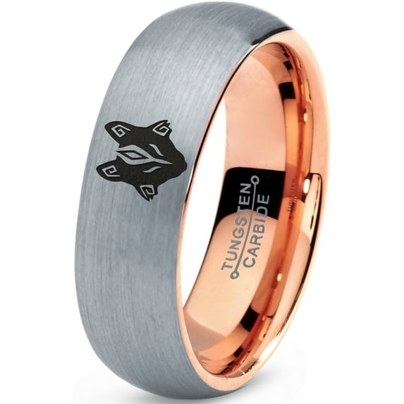 Tungsten Tribal Wolf Band Ring Band Ring 7mm Men Women Comfort Fit 18k Rose Gold Dome Brushed Gray Polished