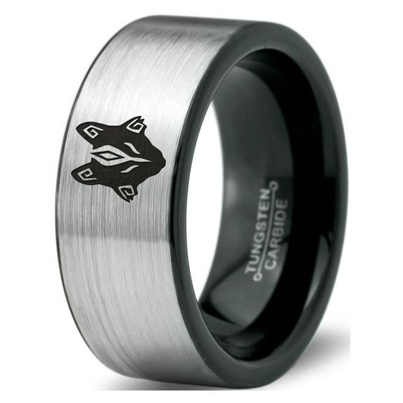 Tungsten Tribal Wolf Band Ring Band Ring 8mm Men Women Comfort Fit Brushed Gray Flat Cut Black Polished