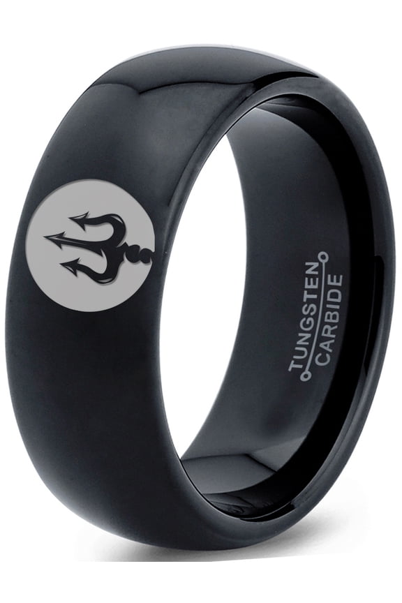 Tungsten Trident Spear Weapon Band Ring 8mm Men Women Comfort Fit Black Dome Polished