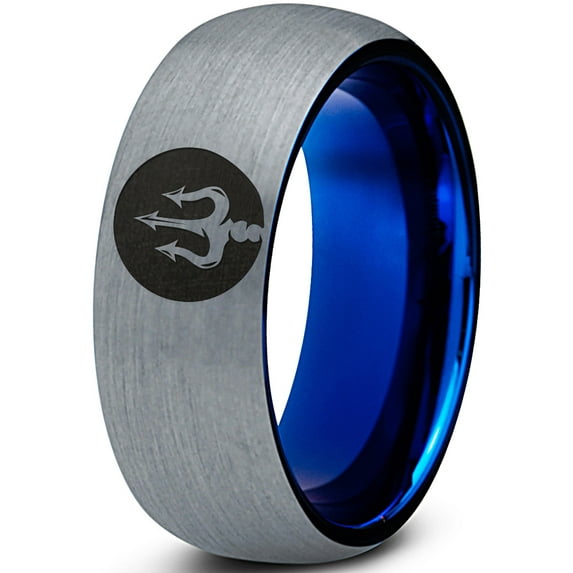Tungsten Trident Spear Weapon Band Ring 8mm Men Women Comfort Fit Blue Dome Brushed Gray Polished