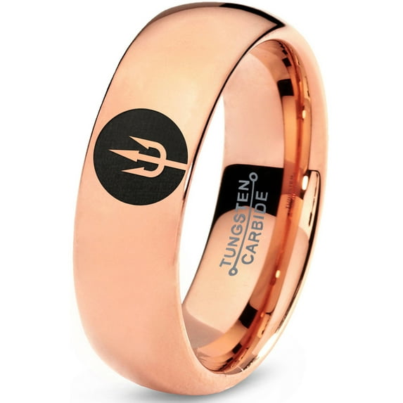 Tungsten Trident Weapon Spear Band Ring 7mm Men Women Comfort Fit 18k Rose Gold Dome Polished