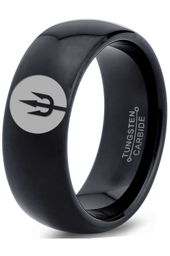 Tungsten Trident Weapon Spear Band Ring 8mm Men Women Comfort Fit Black Dome Polished