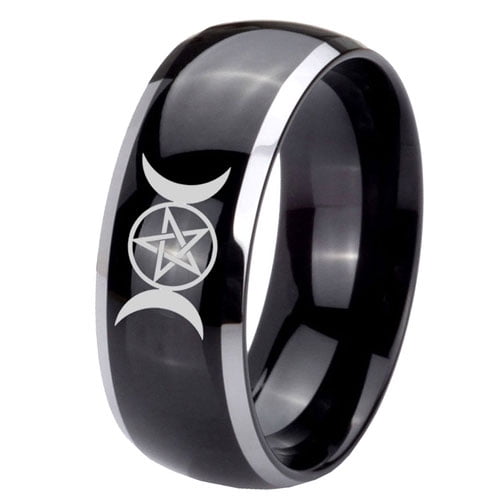 Tungsten Triple Moons Goddess 8mm Glossy Black 2 Tone Dome Polished Edges Men Ring