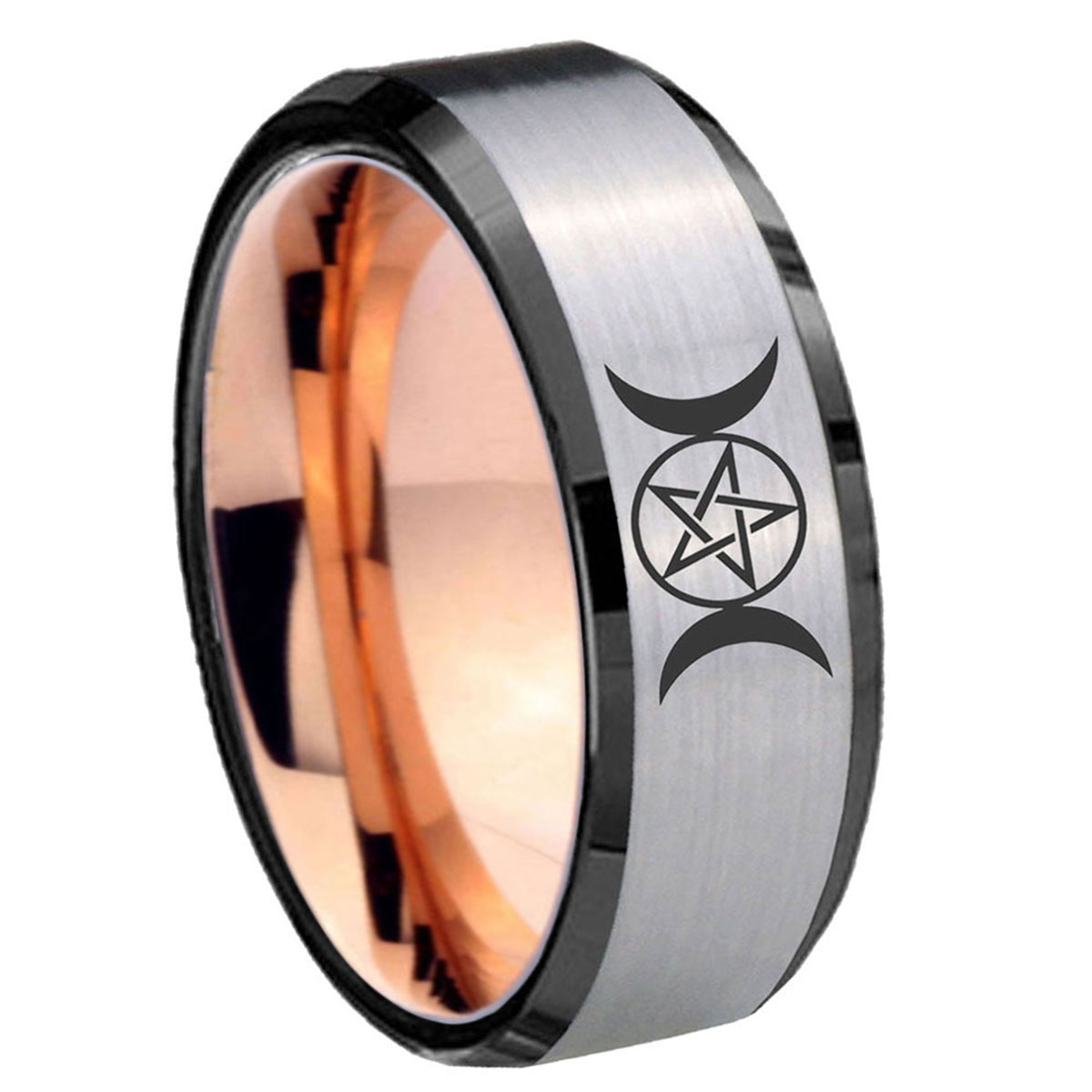 Tungsten Triple Moons Goddess 8mm Gray And Rose Gold Beveled Edge Rings ...