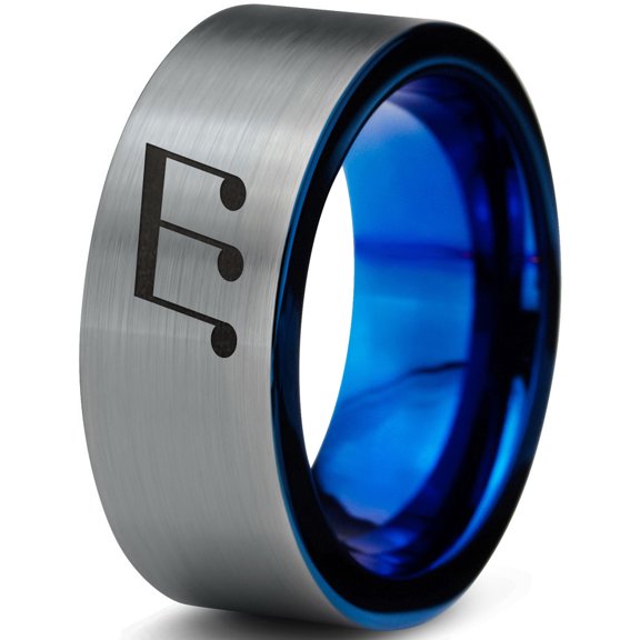 Tungsten Triplet Beam Note Music Band Ring 8mm Men Women Comfort Fit Blue Flat Cut Brushed Gray Polished