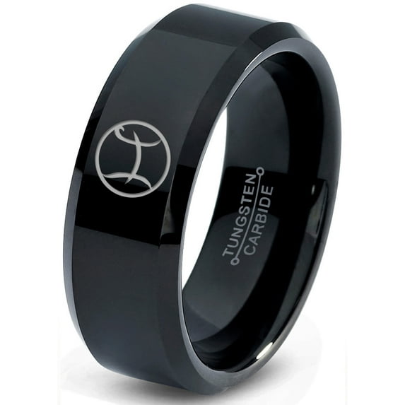 Tungsten Tungsten Horoscope Pisces Band Ring 8mm Men Women Comfort Fit Black Beveled Edge Polished