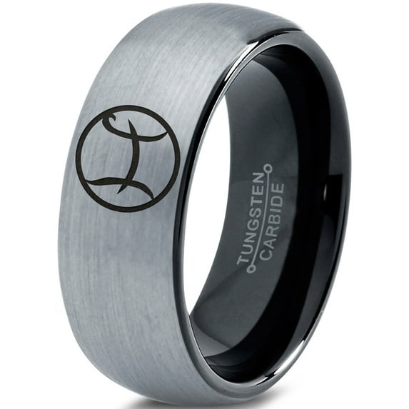 Tungsten Tungsten Horoscope Pisces Band Ring 8mm Men Women Comfort Fit Black Dome Brushed Gray Polished