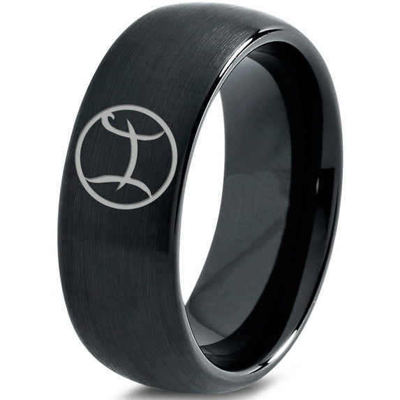 Tungsten Tungsten Horoscope Pisces Band Ring 8mm Men Women Comfort Fit Black Dome Brushed Polished