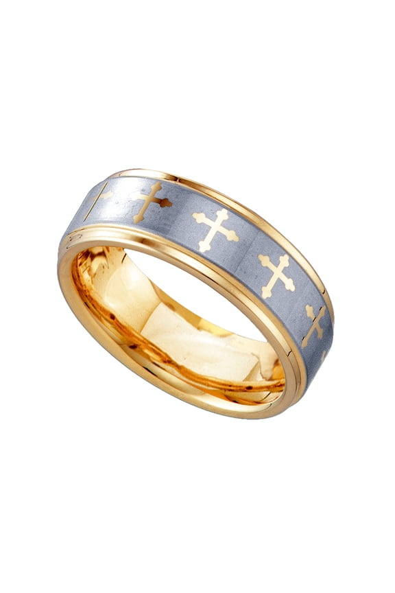 Tungsten Two-tone Brushed Center Irish Claddagh Celtic Trinity Knot Religious Faith Cross Step Edge Mens Comfort-fit 8mm