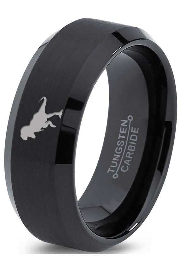 Tungsten Tyrannosaurus Rex Band Ring 8mm Men Women Comfort Fit Black Beveled Edge Brushed Polished