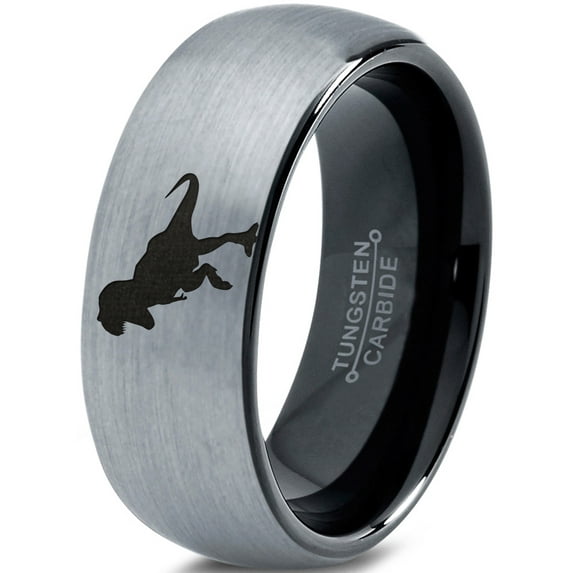 Tungsten Tyrannosaurus Rex Band Ring 8mm Men Women Comfort Fit Black Dome Brushed Gray Polished