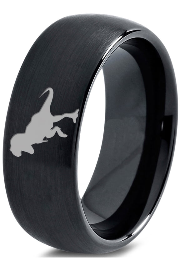 Tungsten Tyrannosaurus Rex Band Ring 8mm Men Women Comfort Fit Black Dome Brushed Polished