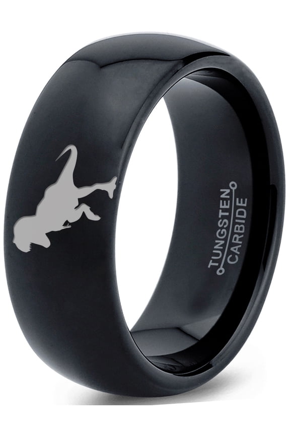 Tungsten Tyrannosaurus Rex Band Ring 8mm Men Women Comfort Fit Black Dome Polished