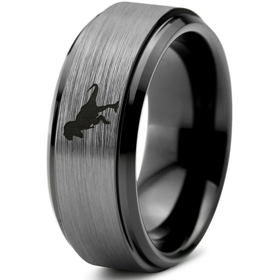 Tungsten Tyrannosaurus Rex Band Ring 8mm Men Women Comfort Fit Black Step Bevel Edge Brushed Gray Polished